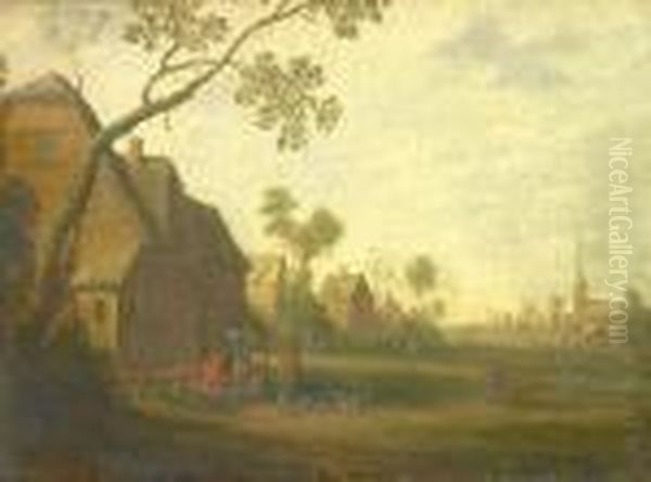 Town Landscape With Farmer Infront Of Their Cottages Oil Painting by Joost Cornelisz. Droochsloot