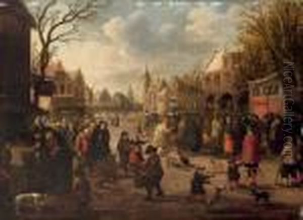 A Village Meeting With Figures Gathered In The Street Oil Painting by Joost Cornelisz. Droochsloot