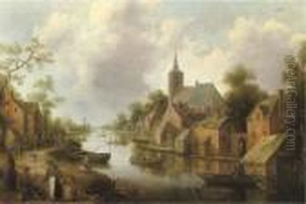 A River Landscape With Figures Outside An Inn And Fishermen In Boats, A Town Beyond Oil Painting by Joost Cornelisz. Droochsloot