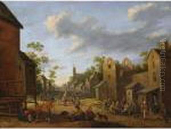 A Village Street Scene With 
Peasants Drinking Outside An Inn, A Beggar Woman In The Foreground, A 
View Of A Church Tower Beyond Oil Painting by Joost Cornelisz. Droochsloot