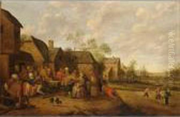 A Village Street With Peasants Drinking Outside An Inn Oil Painting by Joost Cornelisz. Droochsloot