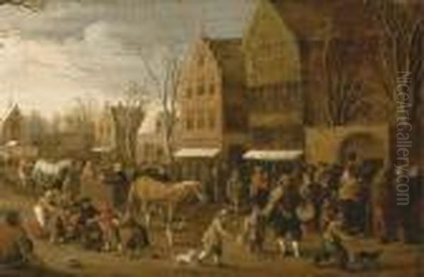 A Town View With Figures Gathered In The Street Oil Painting by Joost Cornelisz. Droochsloot