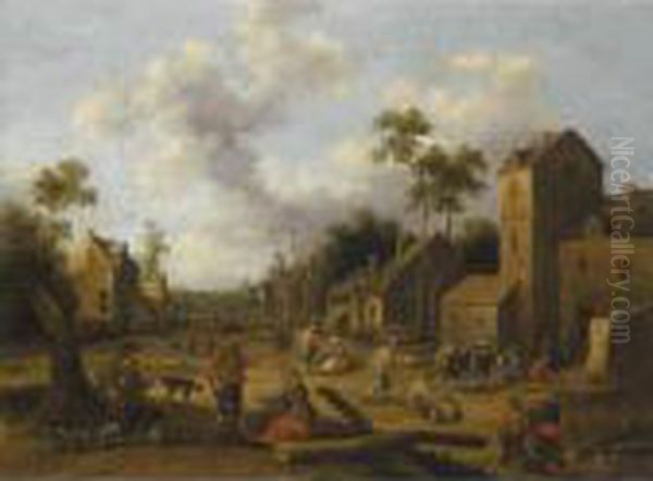 A Village Scene With Peasants Conversing In The Foreground Oil Painting by Joost Cornelisz. Droochsloot