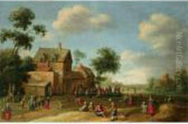 A Village Scene With Figures Dancing And Conversing Oil Painting by Joost Cornelisz. Droochsloot