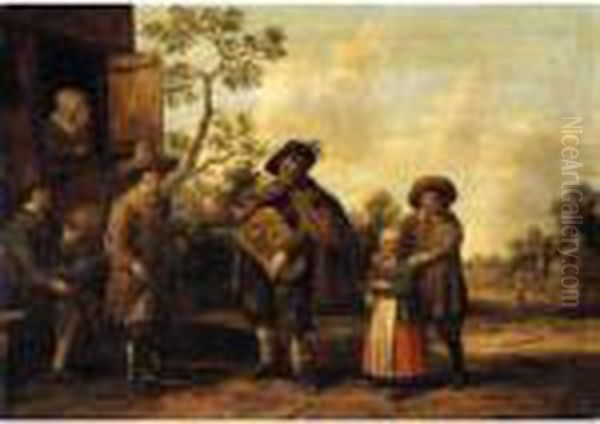 A Hurdy-gurdy Player And Other Musicians Before A Cottage Oil Painting by Joost Cornelisz. Droochsloot