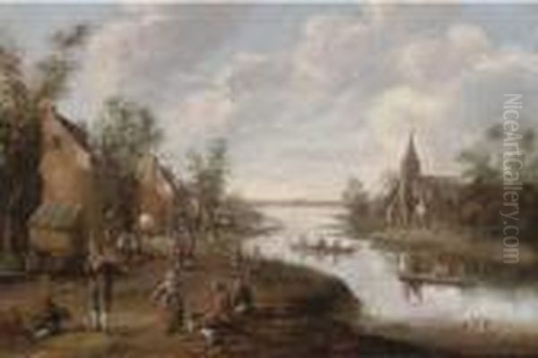 An Extensive River Landscape With Peasants In A Village, A Churchbeyond Oil Painting by Joost Cornelisz. Droochsloot