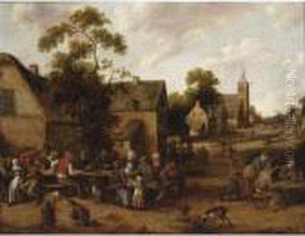 A Village Scene With Peasants 
Drinking And Smoking Around Tables, Other Figures Conversing In The 
Background, A Church Beyond Oil Painting by Joost Cornelisz. Droochsloot