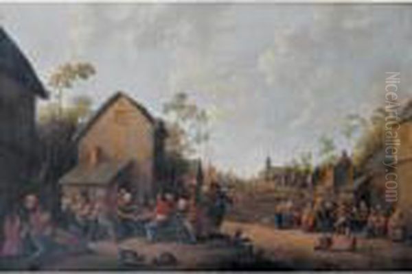 A Village Scene With Peasants Making Merry Before A Tavern Oil Painting by Joost Cornelisz. Droochsloot