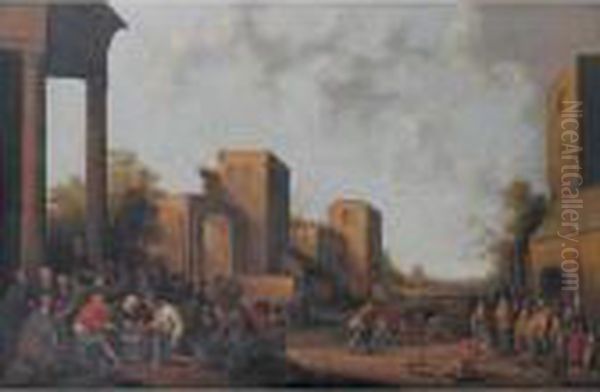 A View Of A Village Street With 
Beggars Receiving Alms Outside A Convent And Others Making Merry By A 
Ruin To The Left Oil Painting by Joost Cornelisz. Droochsloot