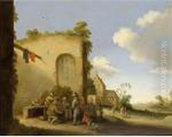 A Village Street With Peasants 
Drinking And Eating At A Table Together With A Dog, Other Figures Beyond Oil Painting by Joost Cornelisz. Droochsloot