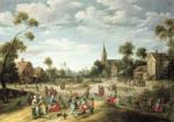 A Village Kermesse With Numerous Peasants Feasting And Makingmerry Oil Painting by Joost Cornelisz. Droochsloot