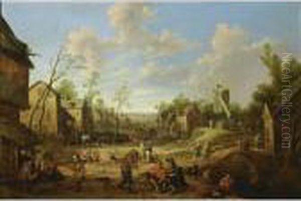 A Village Street With A Mill And
 Figures Outside A Tavern And Other Figures On The Street With 
Horse-drawn Wagons Oil Painting by Joost Cornelisz. Droochsloot