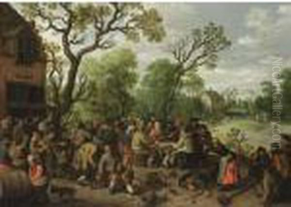 A Village Scene With Peasants 
Making Merry And Music With A Violin Player Outside An Inn, Together 
With Peasants Eating And Drinking At A Table Oil Painting by Joost Cornelisz. Droochsloot