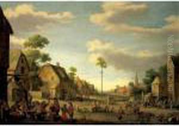 A Village Street With A Maypole And Numerous Figures Drinking Outside An Inn Oil Painting by Joost Cornelisz. Droochsloot