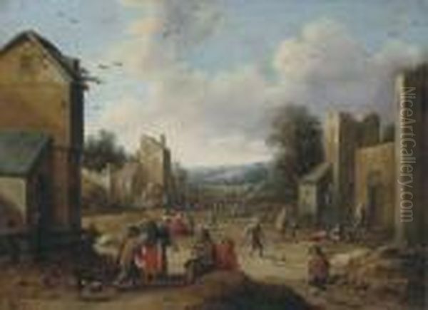 A Village Street With Peasants Oil Painting by Joost Cornelisz. Droochsloot