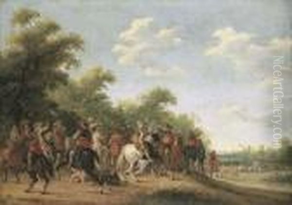 A Wooded Landscape With A Cavalry Skirmish Oil Painting by Joost Cornelisz. Droochsloot