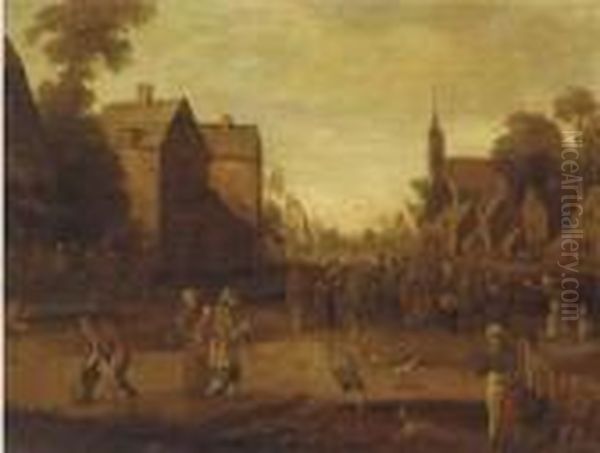 A Village With Peasants Gathered Around A Speaker Oil Painting by Joost Cornelisz. Droochsloot