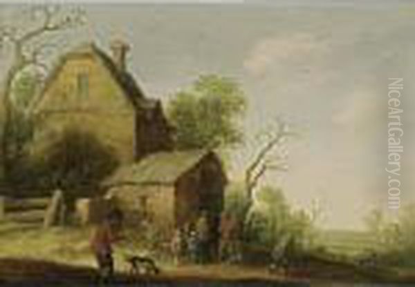 A Wooded Landscape With Figures And Dogs Sitting Outside A Tavern Oil Painting by Joost Cornelisz. Droochsloot