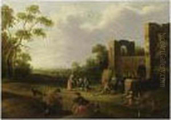 A Landscape With Figures Entering A Village, Other Figures With Dogs In The Foreground Oil Painting by Joost Cornelisz. Droochsloot