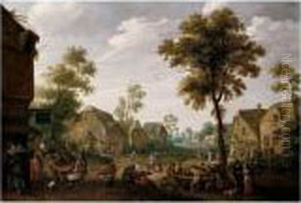 A Crowded Village Scene With Figures Drinking Before A Tavern Oil Painting by Joost Cornelisz. Droochsloot