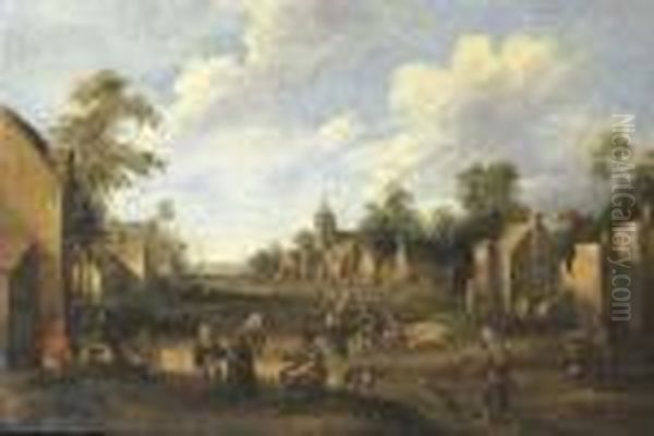 A Village Landscape With Travellers And Peasants In A Street Oil Painting by Joost Cornelisz. Droochsloot