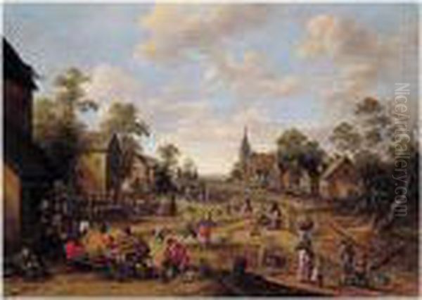 A Crowded Village Scene Oil Painting by Joost Cornelisz. Droochsloot