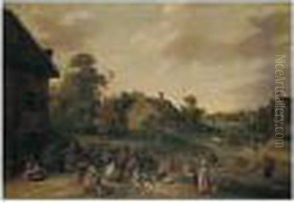 A Landscape With Peasants Merrymaking Outside An Inn Oil Painting by Joost Cornelisz. Droochsloot