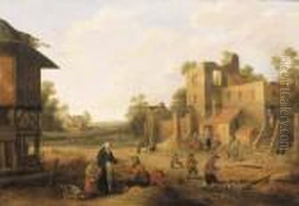 A Village Street With Peasants And Travellers Oil Painting by Joost Cornelisz. Droochsloot