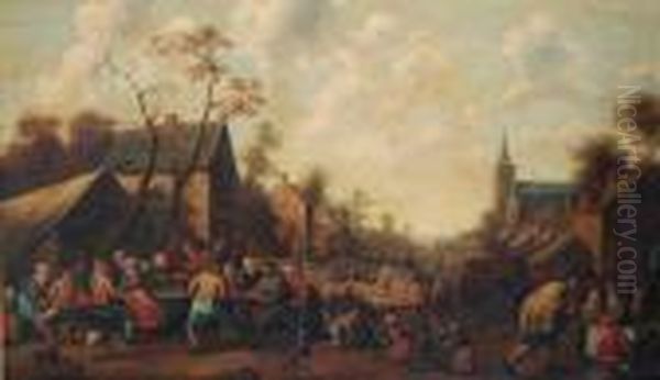 Peasants Drinking And Eating At Tables In A Village Street Oil Painting by Joost Cornelisz. Droochsloot