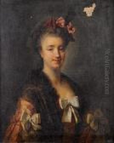 Portrait Of A Lady, Half-length,
 In A Pinkembroidered Silk Dress And A Black Lace Shawl, A Pink Ribbon 
In Herhair Oil Painting by Francois-Hubert Drouais