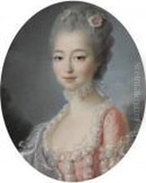 Portrait Of A Lady, Half-length, Wearing A Pink Dress With A Lace Trim Oil Painting by Francois-Hubert Drouais