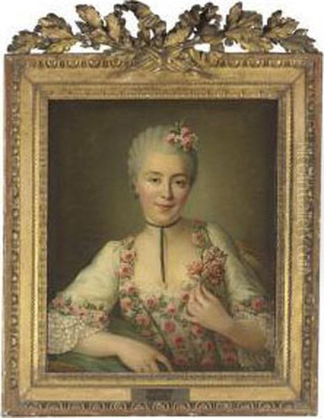 Portrait Of A Lady Said To Be Mlle. Dore, Half-length, In A Whitedress With Pink Roses Oil Painting by Francois-Hubert Drouais