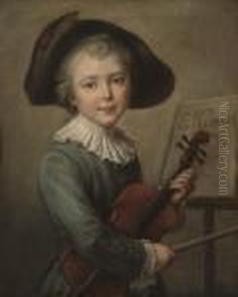 A Young Boy In A Blue Coat And Tricorn, Holding A Violin, By A Music Stand Oil Painting by Francois-Hubert Drouais