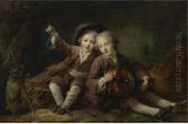 The Children Of The Duc De 
Bouillon Dressed As Montagnards; One Playing A Hurdy-gurdy, The Other 
Playing With A Marmot On A Ribbon Oil Painting by Francois-Hubert Drouais