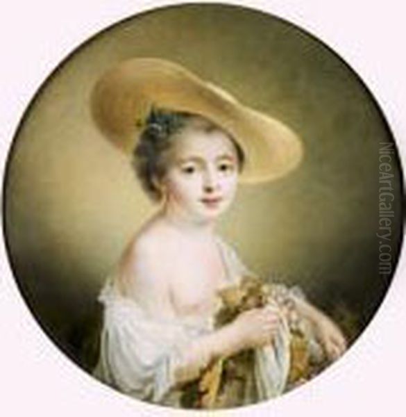 Portrait D'une Jeune Fille Au Chapeau De Paille Tenant Des Grappes De Raisin Oil Painting by Francois-Hubert Drouais