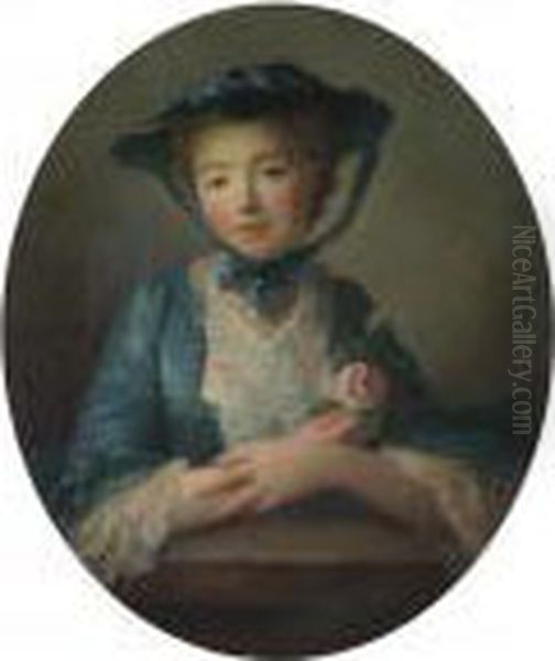 Portrait Of A Young Girl, Half Length, In A Blue Dress And Hat, Holding Roses Oil Painting by Francois-Hubert Drouais