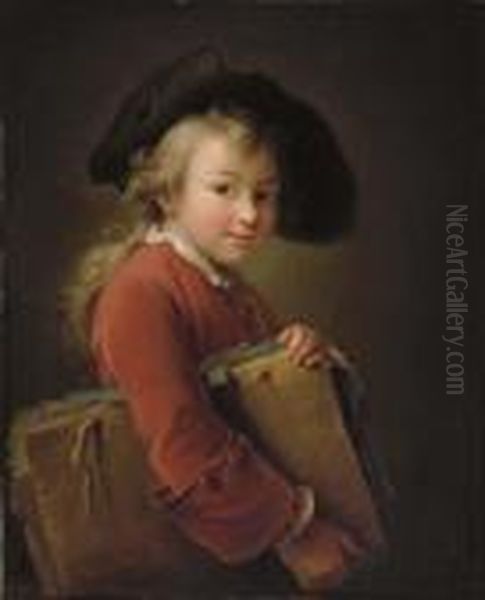 A Young Boy In A Red Jacket And Black Hat Oil Painting by Francois-Hubert Drouais