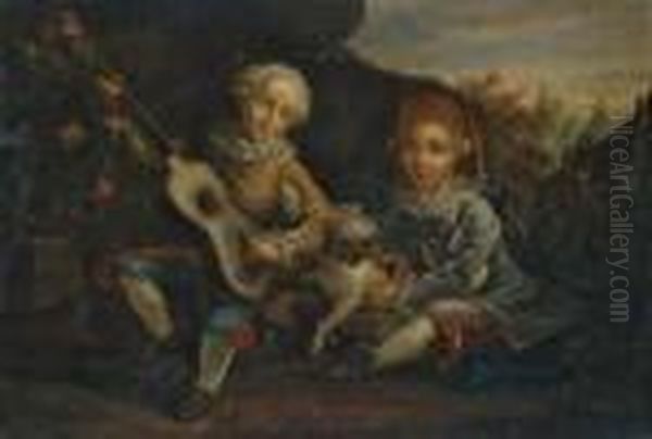 Zwei Kinderdoppelbildnisse. 1. Zwei Knaben Mit Einem Schosshund Und Einer Gitarre. Oil Painting by Francois-Hubert Drouais