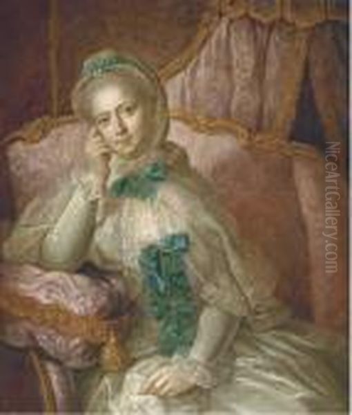 Portrait Of A Lady, 
Three-quarter-length, In A White Satin Dresswith Blue Ribbons, A Lace 
Cape, A White And Blue Headdress, Seatedon A Pink Sofa In Front Of A 
Pink Curtain Oil Painting by Francois-Hubert Drouais