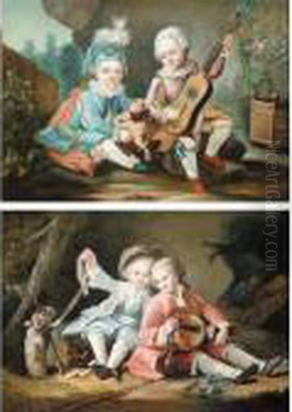 Portrait Of Two Children, One 
Holding A Guitar The Other Holding A Pug, Said To Be The Children Of The
 Duc De Bouillon Oil Painting by Francois-Hubert Drouais