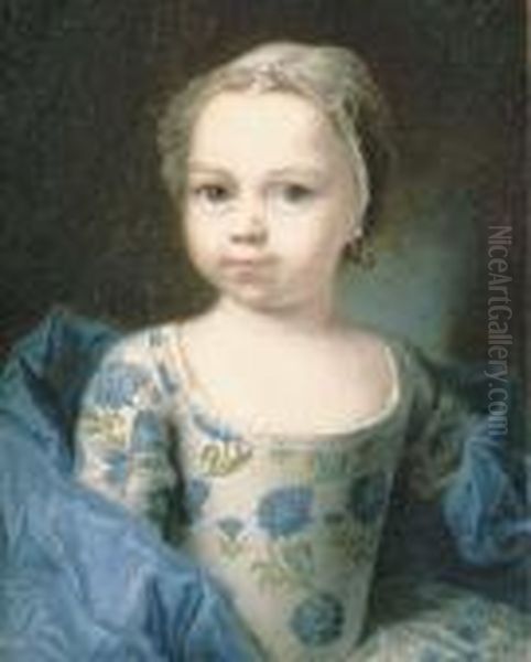 Portrait Of A Young Girl, Small 
Half-length, In A White Silk Dresswith A Blue Floral Pattern And A Blue 
Silk Shawl, With A Laceheaddress Oil Painting by Francois-Hubert Drouais