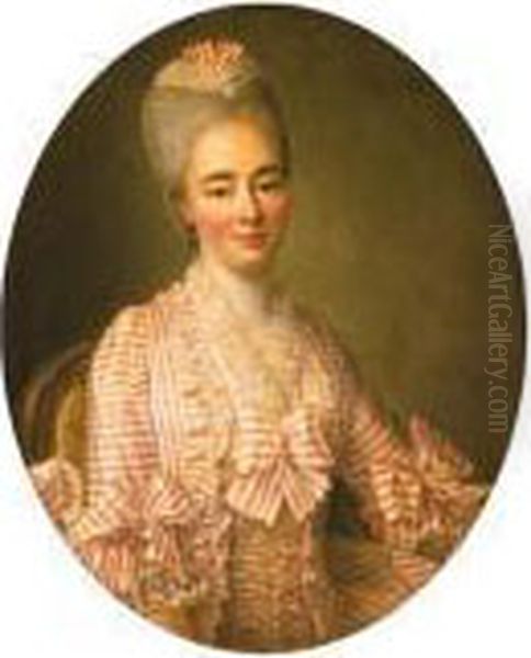 Portrait Of A Lady, Said To Be 
Yvonette Moulin De La Racinire,seated Half-length, In A Pink And White 
Striped Dress With Lacetrimmings Oil Painting by Francois-Hubert Drouais