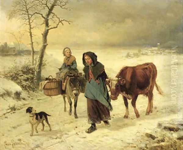 Farmgirls on a path in winter Oil Painting by Louis Lassalle