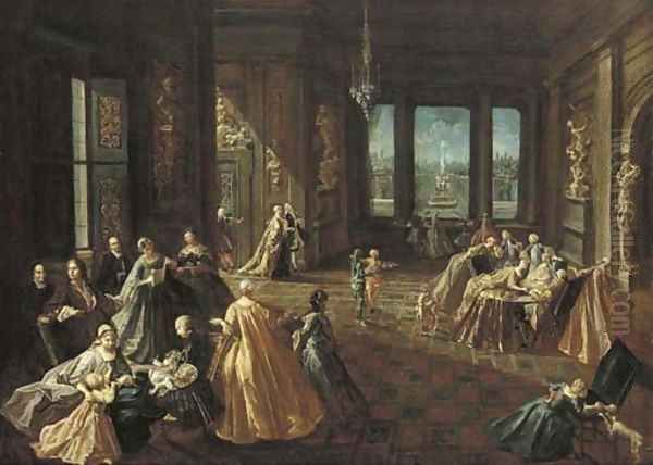 The interior of a palace with elegant figures Oil Painting by Giovanni Domenico Lombardi