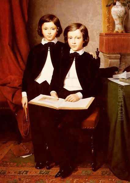 A Portrait Of Two Boys With A Sketchbook Oil Painting by Jean-Baptiste Auguste Leloir