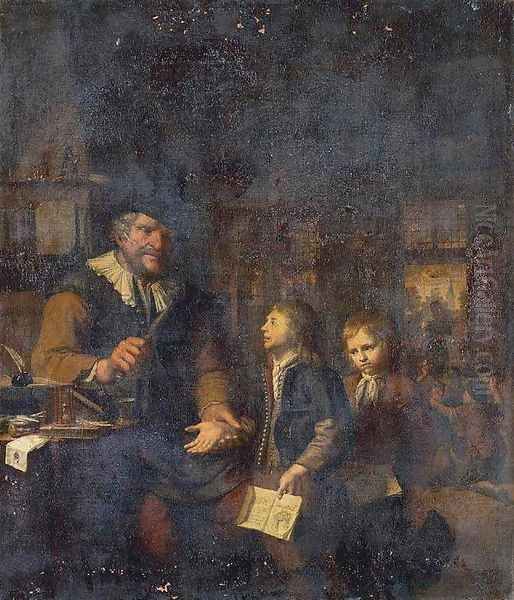 Schoolmaster Chastening Two Boys Oil Painting by Christoffel Lubieniecki