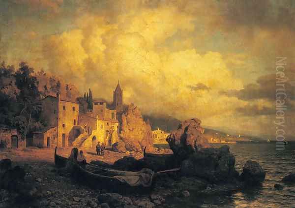 A Coastal Fishing Village Oil Painting by August Wilhelm Leu