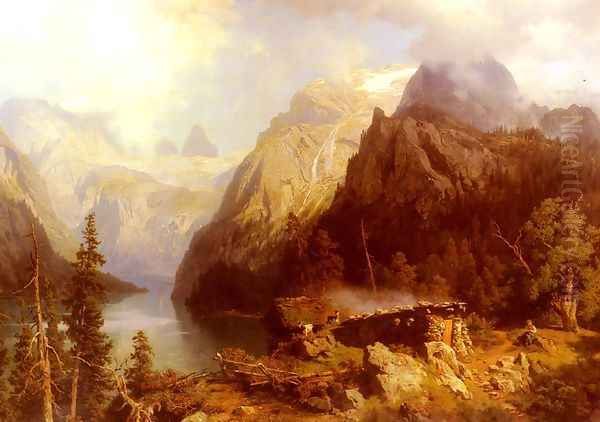 A Shepherdess and Sheep resting by a Lake in an Alpine Landscape Oil Painting by August Wilhelm Leu