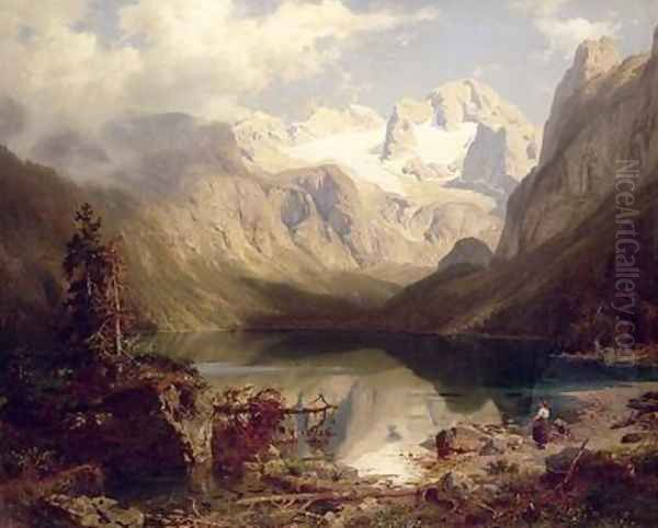 An Extensive Alpine Lake Landscape Oil Painting by August Wilhelm Leu