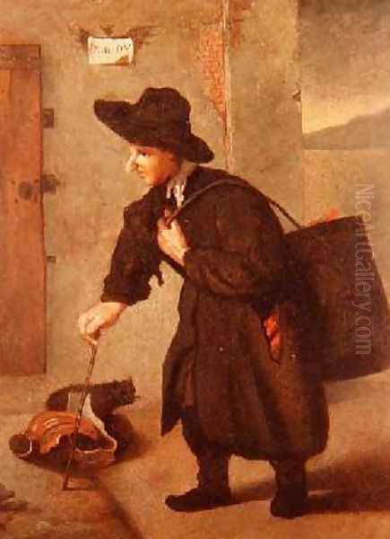 A pedlar carrying a brazier by a townhouse landscape beyond Oil Painting by Pietro Longhi